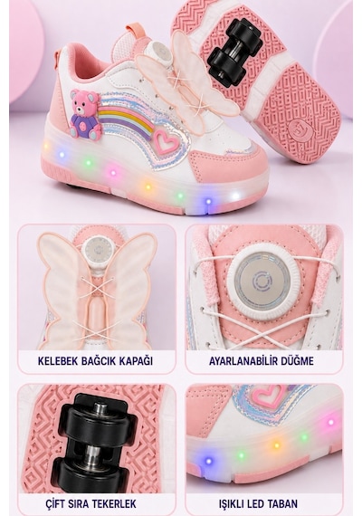 Muggo Colourful Çocuk Işıklı Patenli Tekerlekli Sneaker Spor Ayakkabı Pudra