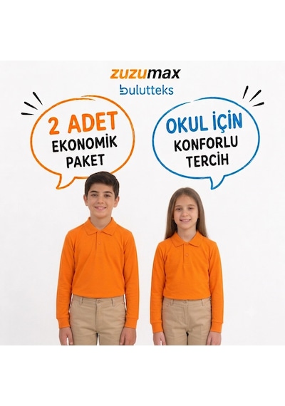 Bulutteks Okullu 2adet Polo Yaka Turuncu Uzunkol Okul Tişört Kıyafetleri Üniforması Çocuk Genç
