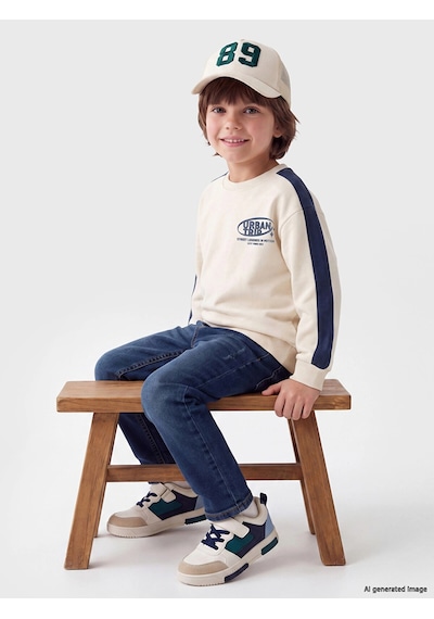 LC Waikiki Lcw Kids Bej Bisiklet Yaka Baskılı Erkek Çocuk Kalın Sweatshirt Lıght Beıge