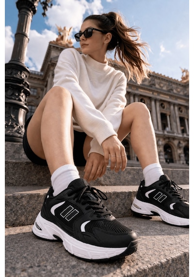 Muggo Shift Kadın Kalın Taban Bağcıklı Günlük Sneaker Spor Ayakkabı Siyah