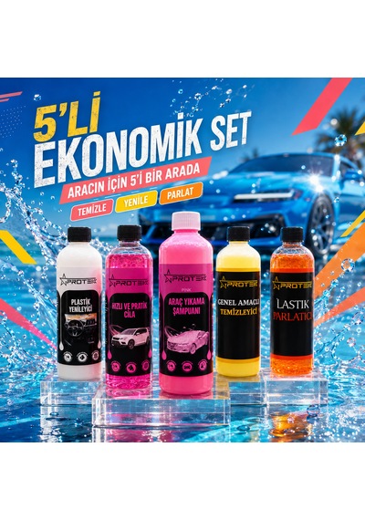 5 Li Ekonomik Araç Bakım Ve Temizlik Seti Şampuan, Hızlı Cila, Plastik Yenileyici, Genel Temizleyici Ve Lastik Parlatıcı