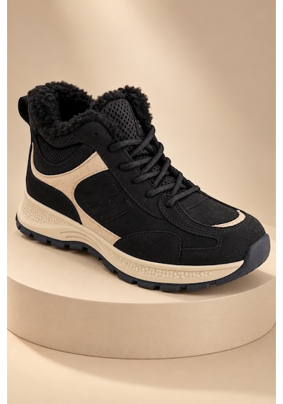 Muggo Nortex Kürklü Fermuarlı Kalın Taban Bağcıklı Kışlık Kadın Sneaker Bot Siyah