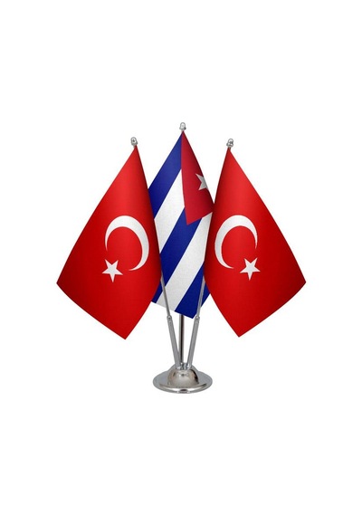Masa Üstü Küba Bayrağı Türk Bayrağı Üçlü Krom Direk Masa Bayrak S