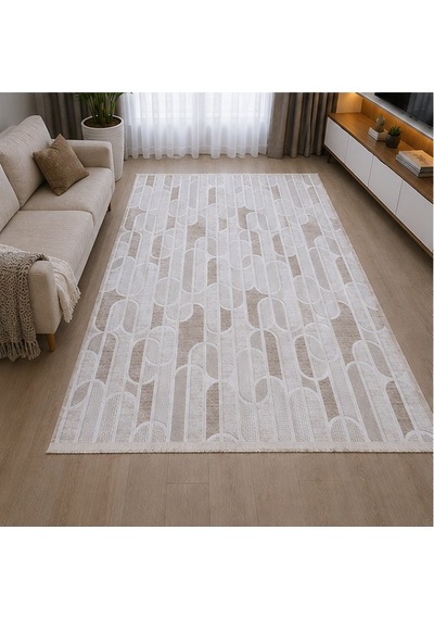 Krem Bej Geometrik Oval Desenli Saçaklı Kaymaz Jel Tabanlı Modern Halı 1