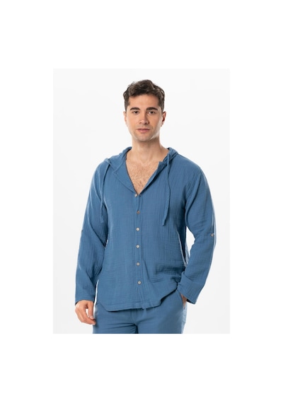 Uzun Kol Erkek Kapüşonlu Yazlık Müslin Sweatshirt İndigo İndg-indigo İndigo