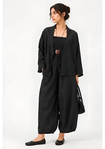 Lili Woman Kadın Siyah Krinkle Dokulu Oversize İkili Takım 50970