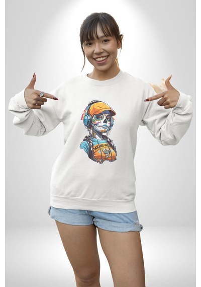 Robot Kız Müzik Kulaklık Şapka Unisex Beyaz Baskılı Sweatshirt Beyaz