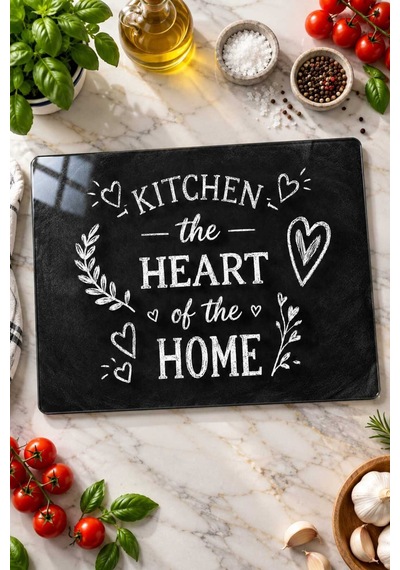 Gökçeoğlu Cam Kesme Tahtası Kitchen The Heart Of The Home Temalı Siyah- Cam Kesme Tablası 20cm X 30cm Çok Renkli