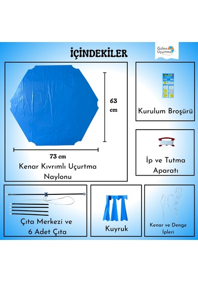Uçurtma Yapım Seti / Naylon Altıgen / Plastik Çıtalı / Mavi