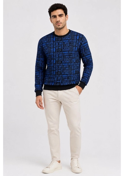 Barlashive Erkek Siyah Mavi Yazı Desenli İki İplik Şardonlu Sweatshirt Çok Renkli