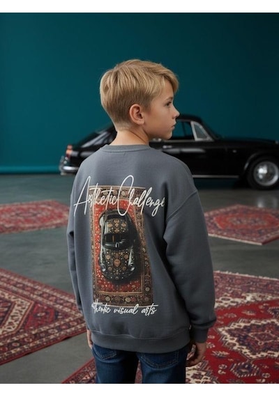 Zekids Erkek Çocuk Sırtı Araba Baskılı Tasarım Sweatshirt-16619 Füme