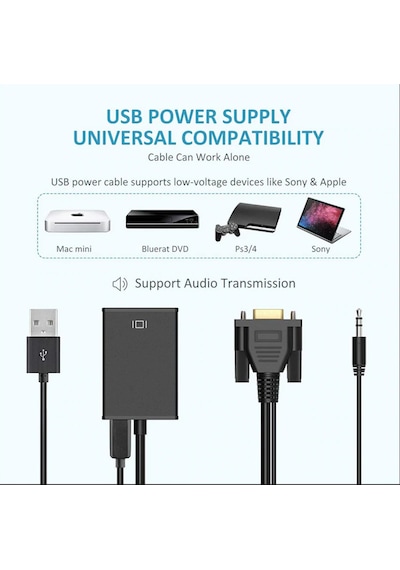 Kumandacenter-Vga To Hdmı Adaptör+Ses Destekli Usb Den Güç Alır