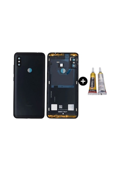 Redmi Note 6 Pro Uyumlu Full Kasa Arka Pil Kapağı Siyah + B7000 Çok Renkli