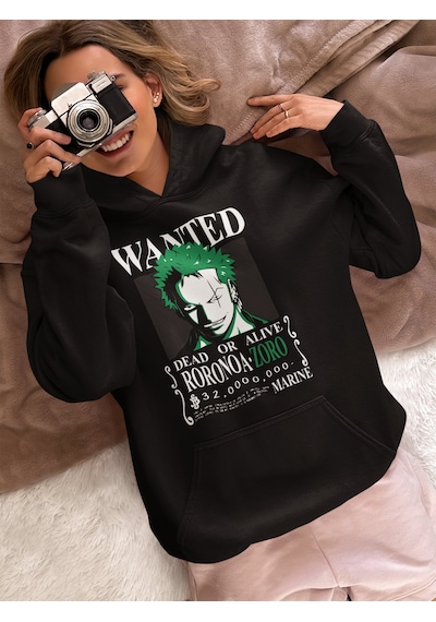Sevbano Wanted Roronoa Zoro Baskılı Unisex Oversize One Piece Anime Karak Siyah