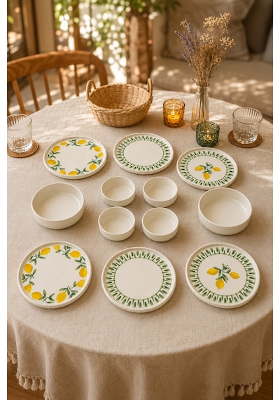 Yeşil Limon 12 Parça 6 Kişilik Handmade Stackable Seramik Tabak Seti Premium Sunum & Kahvaltı Takımı Beyaz
