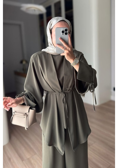 Ka Hijab Kol Detaylı Dökümlü Üçlü Takım - Haki