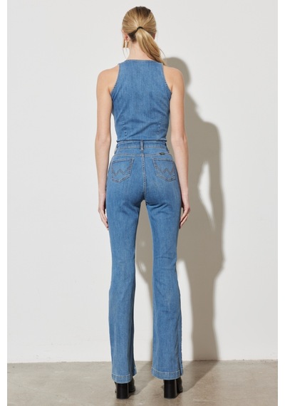 Regular Fit Normal Kesim Normal Bel Geniş Paça Kolsuz Açık Mavi Esnek Jean Tulum Açık Mavi