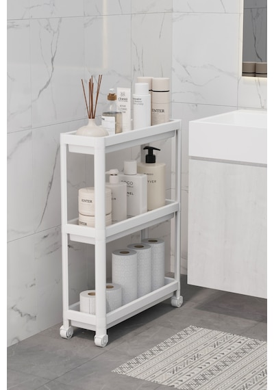 Mithra Life 3 Katlı Tekerlekli Slim İnce Beyaz Banyo Mutfak Rafı Mıt1125 Beyaz