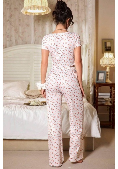 Bella Notte Ekru V Yaka Kısa Kollu Pijama Takımı