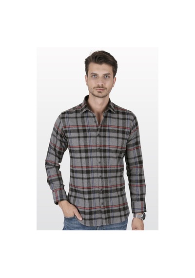 Füme Kırmızı Çizgi Slimfit Oduncu Erkek Gömlek Füme
