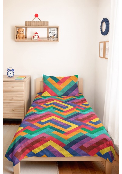 Geometrik Renkli Genç Odası Tek Kişilik Pike Takımı - Zigzag Turkuaz Sarı 160x220 Cm Yatak Örtüsü Dokulu Gölge Sükuneti