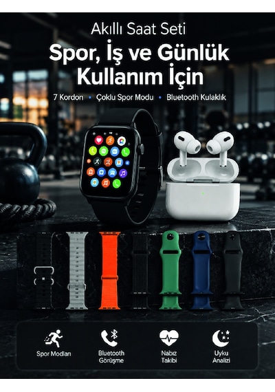 Akıllı Saat Aksesuarları Akıllı Saat, Bluetooth Kulaklık Ve 7 Farklı Kordon Tek Kutuda Günlük Kullanım Ve Spor İçin