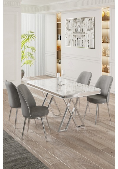Canisa Vals Serisi 80x130 Lak Panel Beyaz Mermer Desen Masa Takımı Krom Ayaklı 4 Gri Sandalye Masa Beyaz Mermer Desen Sandalye Gri Canisa Vals Serisi 80x130 Lak Panel Beyaz Mermer Desen Masa Takımı Krom Ayaklı 4 Gri Sandalye Masa Beyaz Mermer Desen Sandalye Gri