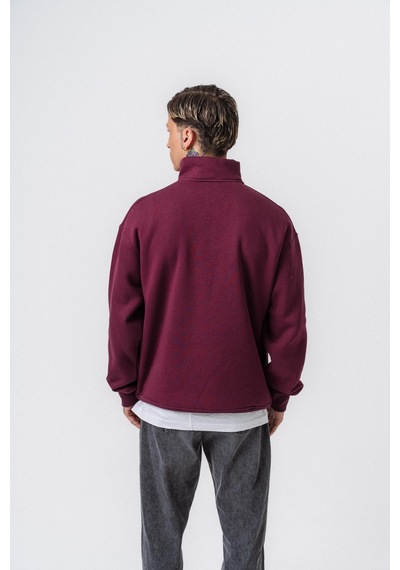 Erkek Respire Yazı Detaylı Yarım Fermuarlı Basic Sweatshirt Vişne Bordo