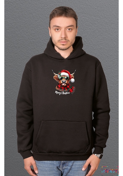 Bumeta Mooey Christmas Boğa Desenli Sweatshirt Unisex Kapüşonlu Hoodie Siyah