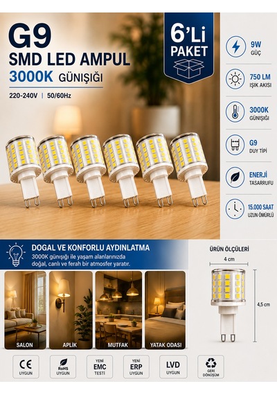 6 Adet 9w 750 Lm 3000k Günışığı G9 Smd Led Ampul