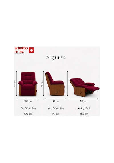 Smarto Relax Ticino Manuel Mekanizmalı Ayak Uzatmalı Ahşap Yan Panelli Polyester Tv Koltuğu Baba Koltuğu Bordo