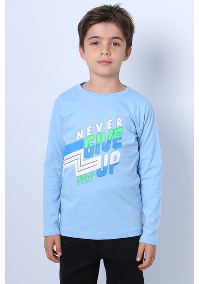 Hçm Erkek Çocuk Uzun Kollu Tshirt Never Give Up Baskılı Bisiklet Yaka D10 Açık Mavi