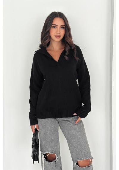 Femelle Siyah Kadın Polo Yaka Oversize Triko Kazak - Standart Beden Yumuşak Dokulu - 8551