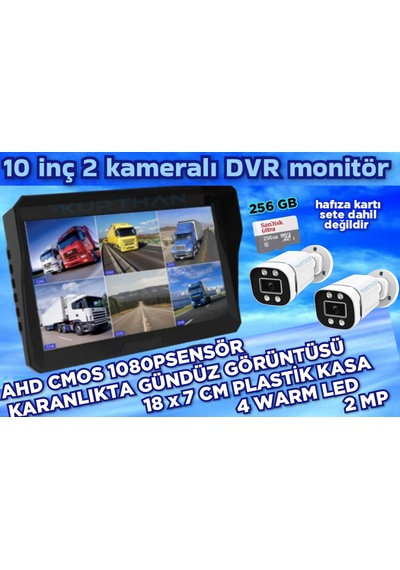 2 Adet Ahd 2 Mp Beyaz Warm Ledli Kamera 10'' Qled 6 Kanallı Monitör Seti 12 V 256 Gb