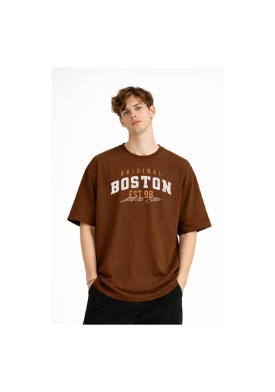 Misa Tahtakale Boston - Baskılı Oversize Tişört Kahve Çok Renkli