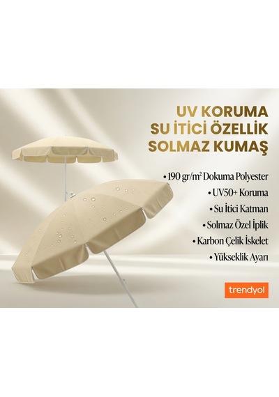 360 Dönebilen Plaj Şemsiyesi Uv Korumalı Su İtici Solmaz Kumaş 190 Gr Dokuma Polyester -krem