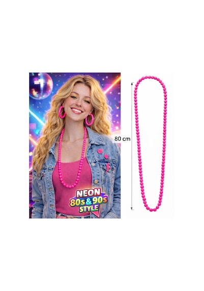 Neon Pembe Boncuk Kolye 80 Cm Retro 80 Ler 90 Lar Parti Aksesuarı Yetişkin