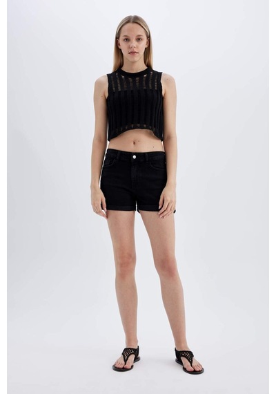 DeFacto Regular Fit Crop Bisiklet Yaka Kroşe Atlet D1982AX24SMBK56