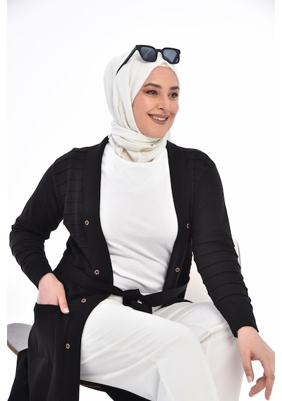 Ferace Tesettür Kadın Triko Uzun Hırka Cepli V Yaka 001