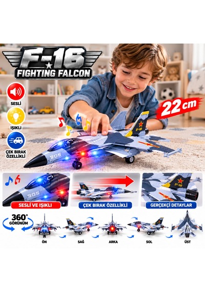 F-16 Fighting Falcon Gri Siyah Kamuflaj Desenli Sesli-ışıklı Çek-bırak Askeri Oyuncak Uçak 21 Cm
