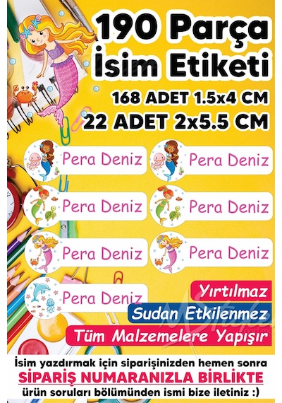 Okul Etiketi Kalem Defter Etiketi Deniz Kızları Temalı Özel Isim Yazılabilen Etiket - 190 Adet