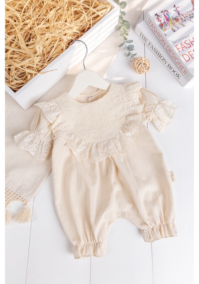 Baby Mod Fırfırlı 100% Pamuk Yazlık Kız Bebek Tulum Krem