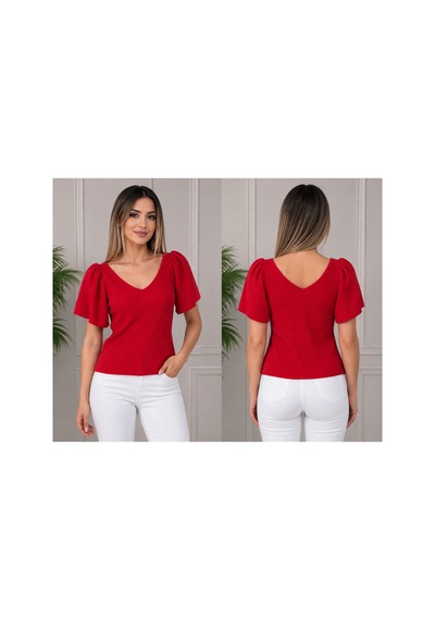 Gül&can Butik Kadın Kırmızı V Yaka Fitilli Dokulu Balon Kol Şık Günlük Triko Bluz Kırmızı Gül&can Butik Kadın Kırmızı V Yaka Fitilli Dokulu Balon Kol Şık Günlük Triko Bluz Kırmızı