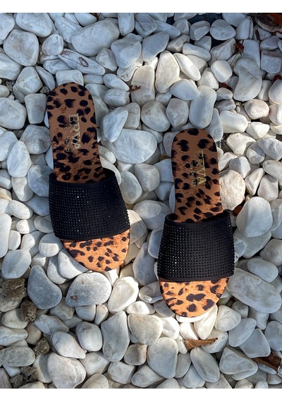 Erva'nın Butiği Leopar Saten Vase Taş Detay Kadın Terlik-5445