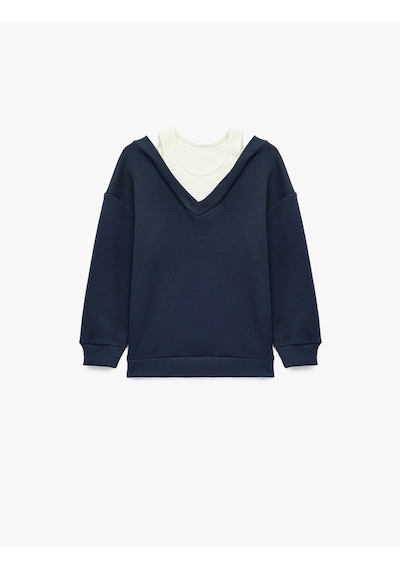 Koton V Yaka Uzun Kollu Pamuklu Şardonlu Sweatshirt Lacivert 7wkg10051ak