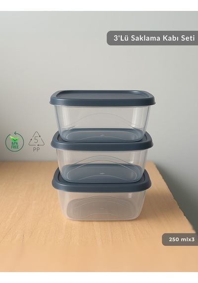 3'lü Saklama Kabı Seti Kare Erzak Kabı Bpa Free Derin Dondurucu İçin Uygun 250 Ml Şeffaf