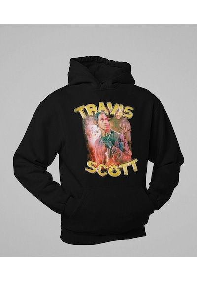 Travis Scott Rapper Baskılı Unisex Oversize Hoodie Siyah