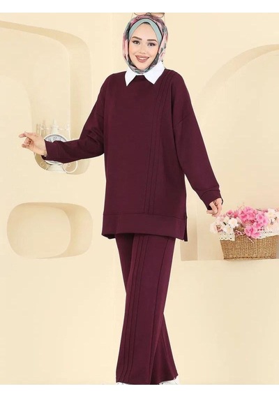 Esra Butik78 Mürdüm Siyah Taş Çimalı Tesettür İkili Takım Tunik Pantolon Şık Rahat Bordo
