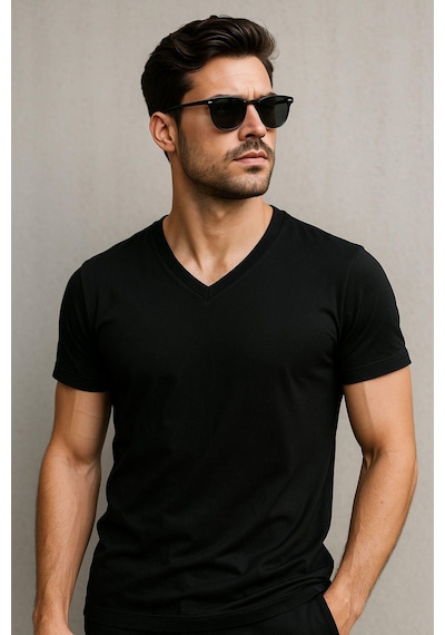 Rich Erkek V Yaka %100 Pamuk Kısa Kollu Siyah T-shirt Tişört SIYAH