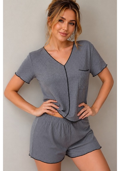 Bella Notte Antrasit Pamuklu Özel Örme Kumaş Pijama Takımı
